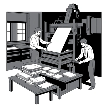 A historical printing press is situated in a large, dimly lit workshop. The press is made of dark wood and metal, with intricate gears and levers visible as it operates. Workers are actively engaged around the machine; one worker, dressed in period-appropriate clothing, is meticulously placing a large sheet of white paper into the press. Another worker stands beside a table filled with scattered stacks of printed pages, examining the fresh prints with a focused expression. A third worker is adjusting the machinery, pulling a lever to ensure everything runs smoothly. The atmosphere is bustling with activity as the sound of the press operating fills the air.