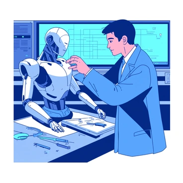 A technician adjusting the arms of a robot in a futuristic lab setting