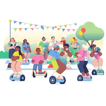 A vibrant community event is taking place in a sunny park. Groups of people are gathered, showcasing their custom mini segways in various colors and designs. Some mini segways are adorned with bright stickers and unique patterns, while others feature shiny metallic finishes. Enthusiastic participants are engaging in friendly discussions, sharing tips and tricks for personalizing their segways. Children are laughing and riding around, while adults are capturing the moments with cameras and smartphones. Colorful banners and balloons decorate the area, enhancing the festive atmosphere of the event.