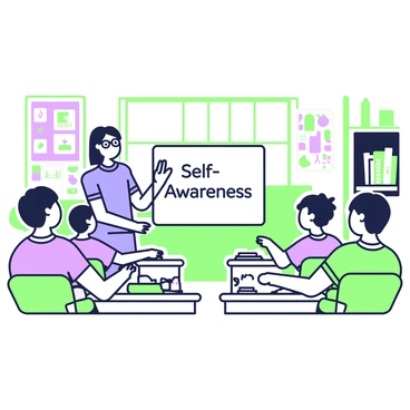 A classroom setting with a teacher standing in front of a whiteboard. The teacher is wearing glasses and a blue shirt, gesturing towards the board where "Self-Awareness" is written in large letters. Around the teacher, there are several eager students sitting at desks, attentively listening. Each student has a notebook open in front of them, with some taking notes. The classroom has colorful posters on the walls illustrating various concepts related to self-awareness. A large window allows natural light to illuminate the space, and there is a bookshelf filled with educational materials in the corner.