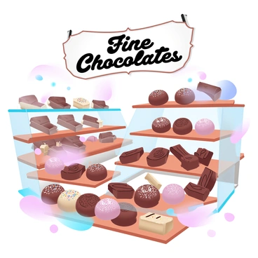 A spacious chocolate shop with elegant wooden shelves displaying an array of assorted truffles and chocolate bars. The truffles are arranged in neat rows, showcasing various flavors with unique toppings such as crushed nuts and colorful sprinkles. Behind the truffles, glass cases reveal an assortment of rich chocolate bars, some wrapped in shiny foil and others in decorative packaging. A large sign hangs above, featuring the words "Fine Chocolates" in an ornate font. Soft ambient lighting fills the shop, illuminating the rich browns and golds of the chocolates and creating a warm and inviting atmosphere.
