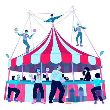 A vibrant circus scene with a large striped tent in the center. There are tall acrobats performing aerial stunts high above, wearing colorful costumes adorned with sequins. Below them, several clowns with oversized shoes and painted faces are juggling colorful balls and making balloon animals. Bright lights illuminate the scene, highlighting the excitement and energy of the atmosphere. Spectators are seated around the ring, watching with expressions of joy and amazement.