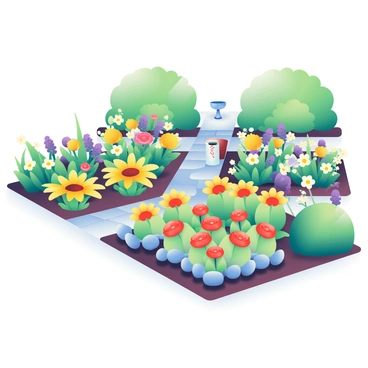 A carefully planned garden layout features an array of colorful plants arranged in a harmonious design. The garden includes flowers with vibrant petals, such as red roses, yellow sunflowers, and purple lavender, each placed in clusters that create a balanced visual appeal. In the background, there are neatly trimmed green shrubs providing a lush backdrop. The pathways in the garden are lined with decorative stones, guiding the viewer's eye through the arrangement. Small garden ornaments such as a birdbath and decorative planters are strategically placed to enhance the overall aesthetic. Sunlight casts gentle shadows, highlighting the intricate details of the garden.