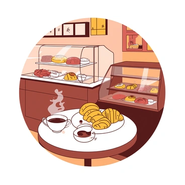 A cozy corner café features warm wooden furnishings and soft lighting creating an inviting atmosphere. On a small round table, two steaming cups of coffee with white ceramic saucers sit alongside a plate of freshly baked pastries, including croissants and danishes. The pastries are arranged artfully, showcasing their golden-brown crusts. Behind the counter, a glass display case holds a variety of colorful pastries, each carefully arranged to entice visitors. The walls are adorned with vintage photographs, adding charm to the inviting space.