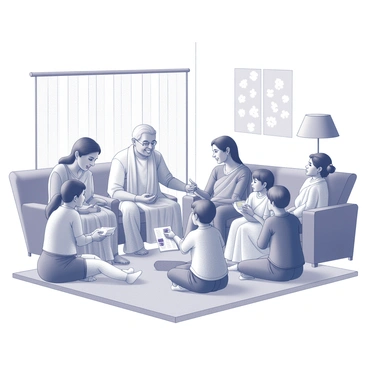 A gathering of a multi-generational family in an indoor setting. The scene depicts family members of various ages, including children, parents, and grandparents, engaged in conversation. Each member is sharing stories and experiences related to their "Upanayanam." The grandparents are seated in a comfortable arrangement, attentively listening to the younger ones, while the children enthusiastically recount their experiences. Traditional attire is worn by the family members, showcasing their cultural heritage. The room is adorned with decorations that reflect the significance of the occasion, creating a warm and inviting atmosphere.