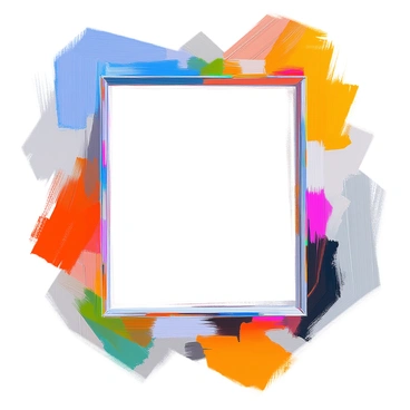 A dynamic frame composed of vibrant paintbrush strokes in shades of blue, red, yellow, and green. The strokes are bold and expressive, radiating outward in a swirling motion, creating a sense of movement. There are also splashes of paint scattered throughout the frame, adding an element of spontaneity. The colors blend and contrast with each other, enhancing the visual impact of the composition. The edges of the frame are irregular, giving it a lively and energetic appearance.