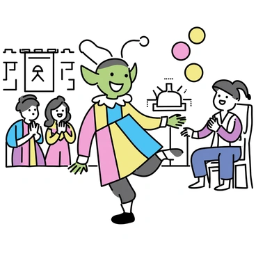 A goblin with green skin and pointed ears is dressed in a colorful jester costume, featuring a patchwork of bright red, blue, and yellow fabrics. The jester is balancing on one leg, with a wide grin on its face, and juggling three brightly colored balls in the air. In the background, a medieval court is visible, with stone walls and a wooden throne. Nobles in elegant attire are watching the performance, some clapping their hands and others laughing. A tapestry hangs on the wall, adding to the court's atmosphere.