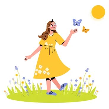 "Alice" is a young girl with long, flowing brown hair, wearing a bright yellow dress with white flowers. She is standing in an open meadow filled with lush green grass and wildflowers of various colors. "A swarm of colorful butterflies" in shades of blue, orange, and purple flutters around her, creating a lively atmosphere. The sun is shining brightly in the clear blue sky, casting soft shadows on the ground. Alice has a joyful expression on her face as she reaches out to catch one of the butterflies.
