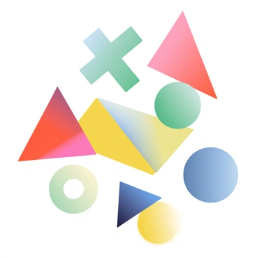 A collection of vibrant geometric shapes is arranged dynamically across the canvas. The cutouts feature a mix of vivid colors including red, blue, yellow, and green. Each shape varies in size and form, with some being sharp-edged triangles and others being soft, rounded circles. The background is a smooth gradient transitioning from a light hue to a deeper shade, creating depth and contrast. The geometric shapes overlap in places, casting subtle shadows that add dimension to the composition.