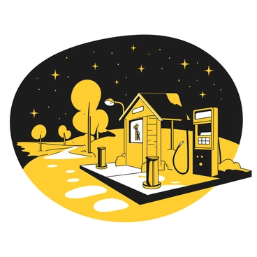 A rural fuel station with a small, rustic building at its center, illuminated by a single overhead light that casts long shadows on the ground. There are two fuel pumps positioned in front of the building. The night sky above is filled with numerous stars, twinkling brightly against the darkness. In the distance, silhouettes of trees can be seen, framing the scene. A lonely road stretches away from the station, disappearing into the horizon.