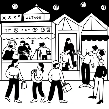 Tourists engaged in bargaining with vendors at a bustling night market. Multiple stalls display various goods, including textiles, trinkets, and food items. Traditional lanterns hang overhead, casting light across the scene. Groups of people are seen huddled around different stalls, some holding shopping bags. The atmosphere shows a lively exchange of conversation and gestures as deals are struck.