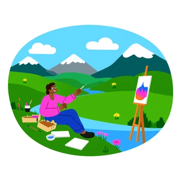 A vibrant landscape featuring rolling hills covered in lush green grass and dotted with colorful wildflowers. In the background, majestic mountains rise under a clear blue sky with fluffy white clouds. A tranquil river winds through the scene, reflecting the colors of the sky and the mountains. An artist is seated at an easel, focused intently on painting the landscape, surrounded by art supplies and sketchbooks. The scene captures the essence of creativity and the beauty of nature.