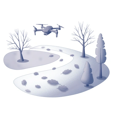 A toy drone is hovering in the air above a winding path. The path is lined with an array of fallen leaves scattered across it, showcasing various shapes and sizes. The drone has a compact design with four propellers visible, and it casts a shadow on the ground below. Surrounding the path, there are trees with visible branches, and some of the trees have their leaves partially covering the branches, suggesting the transition of seasons.
