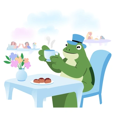 A sophisticated frog wearing a small top hat is sitting on a chair at an outdoor cafe table. The frog is holding a coffee cup with both hands, positioned carefully on the table. The table is decorated with a small vase containing colorful flowers and has a few pastries on a plate. In the background, there are other tables with various patrons enjoying their drinks. The scene is set under a clear sky with soft, pleasant colors illuminating the area.