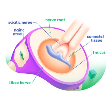 A close-up illustration of the "sciatic nerve" structure, detailed with labeled parts, including the "nerve root," "sciatic nerve trunk," and "tibial nerve." Surrounding the nerve are various "muscle tissues" and "connective tissues" depicted in soft pastel colors to highlight their locations. The labels are presented in clear, readable fonts, with lines connecting them to the respective structures for clarity. The overall composition is designed to emphasize the anatomy of the sciatic nerve in a modern and informative style.