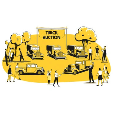 A busy auction scene featuring several vintage trucks from the early 20th century. The trucks are lined up in a row, showcasing various designs and features such as wooden bodies and brass accents. An auctioneer stands on a platform, raising his hand while calling out bids. People gather around the trucks, some examining the vehicles closely, while others raise their hands to place bids. The setting includes a rustic outdoor area with a large banner displaying "Truck Auction" in bold letters. A few trees provide shade in the background, and a crowd of interested buyers of different ages and attire adds to the atmosphere.