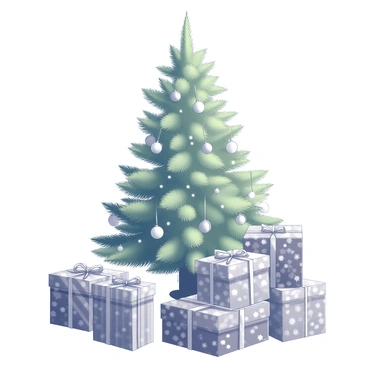 A Christmas tree with lush green branches and twinkling lights stands majestically in the center. The tree is adorned with a mix of ornaments, including stars and baubles, adding to its festive appearance. Surrounding the base of the tree is a variety of wrapped presents of different sizes. Each present features distinct festive patterns, including stripes, polka dots, and snowflakes. The gifts are stacked and arranged in an appealing manner, creating a sense of anticipation and joy around the tree.