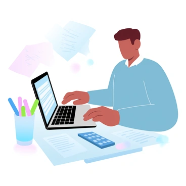 A student is sitting at a desk covered with various loan papers, which are scattered and stacked haphazardly. The student is focused on a laptop that is open in front of them, displaying a financial application form. The desk is cluttered with a few pens, a calculator, and a cup filled with highlighters. The student is wearing a casual sweater and has their hands resting on the keyboard. Soft gradient pastel colors fill the background, enhancing the scene's academic atmosphere.