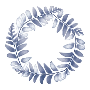 A circular decorative pattern filled with a variety of fern shapes and sizes. The ferns are arranged symmetrically around the central point, each displaying intricate leaf details and diverse textures. The design showcases both large, prominent ferns and smaller, delicate ones, creating a harmonious flow throughout the circular composition. The overall pattern emphasizes the natural curvature and elegance of the fern leaves.