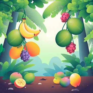 An array of tropical fruits is hanging from the branches of lush green trees in a vibrant forest. There are bright yellow bananas with a slight shine, large green coconuts with rough husks, and clusters of deep red and purple rambutans. Luscious mangoes with golden skin dangle between the leaves, while green and orange papayas peep out from the foliage. Sunlight filters through the dense canopy, casting playful shadows on the rich, dark brown soil below, which is scattered with fallen leaves and small flowers. The vibrant colors of the fruits stand out against the varying shades of green from the leaves.