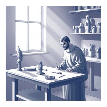 A saint in a serene workshop is focused on crafting intricate wooden sculptures. The saint has a gentle expression, wearing a simple robe that drapes elegantly. The workshop is filled with sunlight streaming in through a large window, illuminating the dust particles in the air. Tools are scattered across a sturdy workbench, and various partially completed sculptures are visible, showcasing detailed carvings of animals and figures. The walls are lined with wooden shelves holding additional tools and finished pieces, while the floor features wooden beams and shavings from the sculpting process.