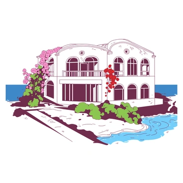 A white villa stands majestically by the sea, showcasing intricate art nouveau architectural details. The villa has large, arched windows with ornate frames and a gently sloping roof that features elegant curves. Climbing roses in shades of pink and red adorn the walls, their vibrant blooms cascading gracefully down the sides of the building. In front of the villa, lush greenery and a sandy path lead towards the sparkling blue water, enhancing the tranquil setting. The sun casts a warm glow over the scene, creating a picturesque view of the villa against the backdrop of the ocean.
