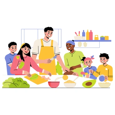 A cheerful family consisting of four members is gathered in a kitchen preparing a healthy meal. The mother is chopping green bell peppers on a cutting board, while the father is stirring a pot on the stove. Two children, a boy and a girl, are measuring out quinoa and placing it in a bowl. Fresh ingredients are spread across the countertop, including leafy green spinach, bright yellow turmeric, and juicy avocados, all promoting liver health. The kitchen has bright lighting, and colorful utensils are visible on the shelves. The family is smiling and engaging with each other, creating a warm and lively atmosphere.