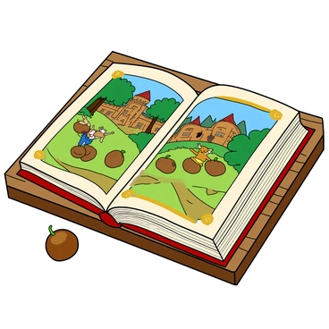 An open fairy tale book resting on a wooden table. The pages of the book are filled with vibrant chestnut-themed illustrations, depicting whimsical scenes of chestnuts in various playful scenarios, such as chestnut creatures dancing in a forest and a chestnut castle in the background. The book has a beautifully designed cover that complements the theme, adorned with golden accents. The table is slightly worn, adding a rustic charm to the overall scene. A small chestnut lays next to the book, enhancing the theme further.