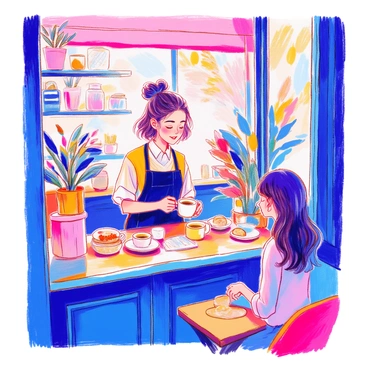 A woman is standing behind the counter of a small café. She has medium-length brown hair tied in a neat bun and is wearing a black apron over a bright white shirt. She is pouring hot coffee into a mug with a warm smile. In front of her, there are several coffee cups and a small display of pastries on the counter. Nearby, two customers are seated at a wooden table, engaged in conversation. The café has a cozy atmosphere, with plants on the windowsill and soft lighting illuminating the space.