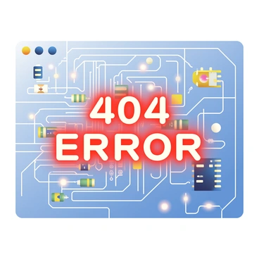 A computer circuit board with a '404 Error' message glowing within its paths
