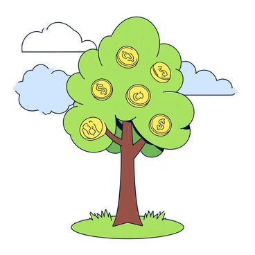 A tall tree with a sturdy trunk and a lush canopy of vibrant green leaves. The tree's branches are adorned with shiny golden coins that resemble fruits, each coin reflecting light. The ground beneath the tree is covered in soft grass, symbolizing a nurturing environment. In the background, there is a light blue sky with a few fluffy white clouds, enhancing the sense of growth and prosperity. The overall composition emphasizes the concept of savings and financial growth with "Sanchay Plus" visibly inscribed on one of the larger coins.