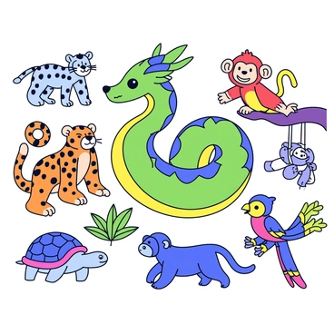 A colorful Quetzalcoatl with vibrant green and blue feathers is elegantly coiled among various jungle animals. To the left, a fierce jaguar with spotted fur symbolizes strength and agility, while to the right, a playful monkey hangs from a branch, representing curiosity and playfulness. Below, a wise old turtle with a textured shell represents wisdom, and nearby, a vibrant parrot with bright red and yellow plumage symbolizes communication. The scene is rich with lush foliage and tropical plants, creating a lively jungle environment.