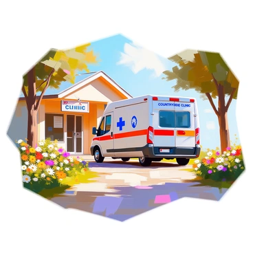 A medical transport van is parked in front of a small countryside clinic, which features a modest, welcoming facade. The clinic is framed by a lush garden filled with colorful flowers, including daisies and marigolds, creating a vibrant atmosphere. The van is white with red and blue markings, displaying a medical symbol. The ground is a mix of gravel and grass leading up to the clinic’s entrance, where a wooden sign reading "Countryside Clinic" hangs above the door. A few trees are visible in the background, contributing to the serene rural setting.