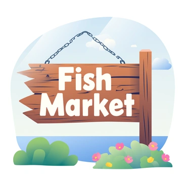 A rustic wooden sign is prominently displayed, with the words "Fish Market" painted in bold white letters. The sign is weathered, showcasing a rich texture with knots and grains in the wood, and it hangs from a metal chain. Surrounding the sign is lush greenery, with small bushes and wildflowers adding splashes of color. In the background, a serene blue sky is visible, with a few fluffy white clouds drifting by. The scene has a warm, inviting feel, suggesting a welcoming destination for visitors.