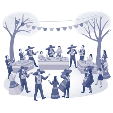 A vibrant outdoor scene filled with celebration. Several musicians playing guitars and trumpets are arranged in a semi-circle, dressed in traditional mariachi outfits adorned with decorative elements. Above them, strings of "colorful papel picado" hang between trees, creating a festive atmosphere. Groups of people are dancing joyfully, some wearing traditional clothing with intricate patterns. Onlookers are clapping in rhythm, and nearby tables are set with various traditional dishes and drinks, adding to the lively ambiance of the fiesta.