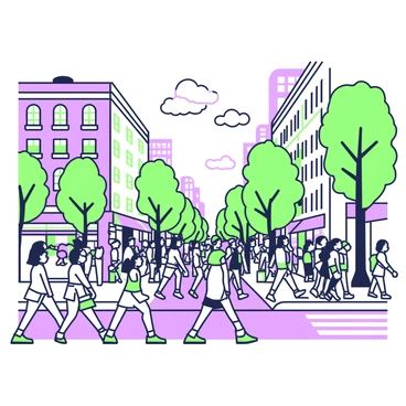 A bustling city street filled with numerous pedestrians. Some are walking briskly along the sidewalk, while others are waiting at a crosswalk. Many of them are wearing hats that are being blown by the wind. The hats come in various styles, including fedoras, caps, and beanies. In the background, tall buildings with windows and balconies rise above the street. A few trees line the sidewalk, swaying slightly in the wind. Colored storefronts and awnings add to the lively atmosphere of the scene. Above, clouds are visible in the sky, hinting at changing weather.