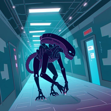 A xenomorph with an elongated head and glossy black exoskeleton is stalking through the dimly lit corridors of a derelict spaceship. Its sharp claws scrape against the metal floor as it moves silently, blending into the shadows. Flickering overhead lights cast eerie reflections on the walls, revealing peeling paint and scattered debris. The atmosphere is thick with a sense of abandonment, with wires hanging from the ceiling and doors ajar, hinting at a past catastrophe. A faint mist clings to the ground, enhancing the sinister ambiance. "Danger" is displayed in red letters on a malfunctioning display screen nearby, adding to the tension in the environment.