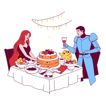 A white dining table is set for a feast, adorned with an array of colorful dishes and sparkling glassware. The table is surrounded by various characters from different stories, including a tall red princess with flowing hair, a blue knight in shining armor, and a small yellow creature with large eyes. The princess is laughing, while the knight is raising a glass in a toast. The yellow creature is curiously peeking into a bowl filled with fruit. In the center of the table, a massive orange cake is decorated with intricate designs, surrounded by smaller treats. Twinkling fairy lights hang above, adding a festive ambiance to the gathering.