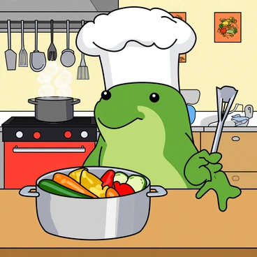 A green frog with glossy skin is wearing a tall white chef's hat, slightly askew on its head. The frog is standing on a wooden countertop, holding a small whisk in its webbed hands. In front of it, there is a stainless steel bowl filled with colorful chopped vegetables, including red peppers, yellow carrots, and green zucchinis. The kitchen is lively, with pots and pans hanging from a rack above and a bright red oven in the background. Several other kitchen utensils, such as spatulas and ladles, are scattered around the countertop. Steam is rising from a pot on the stove, and the walls are decorated with cheerful pictures of food.