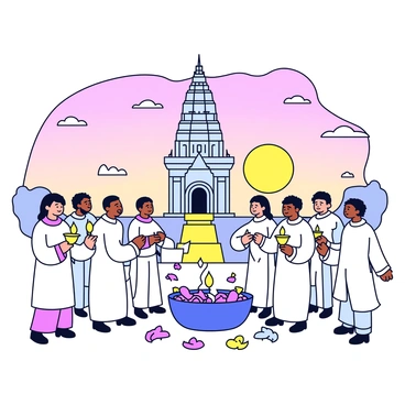A group of priests dressed in simple white robes stands in a semicircle in front of a large temple. The temple has a tall spire and is adorned with intricate carvings. The sky above is painted in soft shades of pink and orange as the sun rises, casting a warm glow on the scene. The priests hold small brass lamps in their hands, and they are engaged in solemn rituals, with some pouring offerings into a fire pit. On the ground, there are freshly laid flower petals, adding vibrant colors to the surroundings.