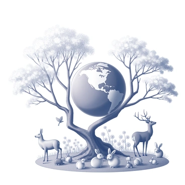 A view of Earth depicted as a vibrant globe at the center of the image. Surrounding it, there are several trees with intricate branches and detailed foliage. Various types of flowers, with distinct shapes and sizes, are scattered at the base of the trees. Different animals are present, including a deer standing gracefully near the base of a tree, several birds perched on branches, and rabbits nestled among the flowers. The entire composition conveys a sense of symbiosis among the Earth, flora, and fauna.