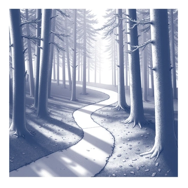 A winding path stretches through a dense forest. Tall trees with thick trunks line both sides of the trail, their branches creating a canopy overhead. Shafts of sunlight filter through the leaves, casting intricate patterns of light and shadow on the ground. The forest floor is carpeted with a mixture of soft moss and scattered fallen leaves, adding texture to the scene. The path itself is slightly uneven, with small stones and roots visible, inviting exploration deeper into the woodland.