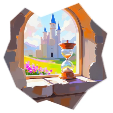 A sand clock with intricate designs sits on the windowsill of a whimsical fairytale castle. The clock is made of glowing crystal with sand flowing gently inside. Sunlight streams through the window, casting sparkling reflections on the ornate stone walls of the castle. Outside the window, a vibrant landscape of lush green meadows and colorful flowers can be seen, with fantastical trees swaying in a gentle breeze. The overall atmosphere conveys a sense of magic and wonder, as the castle towers rise majestically in the background.