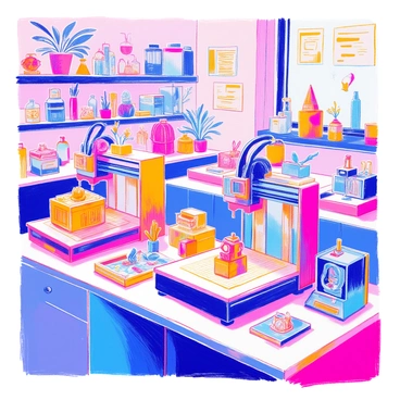 A laboratory is filled with multiple 3D printers, each actively working on different projects. One printer is producing a detailed miniature model of a building. Another printer is creating a complex mechanical part with intricate designs. The third printer is working on a colorful figurine, while a fourth is assembling a prototype for a medical device. The room is well-lit, with shelves lined with completed objects, tools, and materials for 3D printing. There are also computer monitors displaying designs and blueprints.