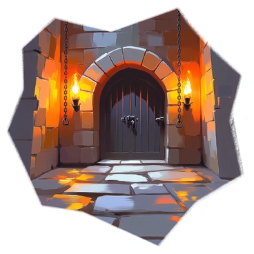 A dark medieval dungeon illuminated by the flickering light of torches mounted on stone walls. The dungeon features heavy chains hanging from the ceiling and attached to the walls, creating a sense of confinement. A large, imposing locked gate made of iron bars stands at one end, casting shadows on the damp stone floor. The atmosphere is dense and heavy, with the rough texture of the walls contrasting against the smooth glow of the torchlight.