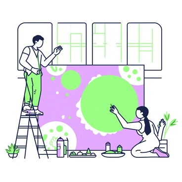 Two artists are collaborating on a large mural inside a creative workspace. One artist is standing on a ladder, carefully painting a section of the mural with a wide brush, while the other artist is kneeling on the floor, mixing colors in a palette. The mural features intricate designs and patterns, showcasing their combined artistic vision. Various art supplies, including spray paint cans and jars of paint, are scattered around them. Natural light streams in through large windows, illuminating the vibrant colors of the artwork in progress.