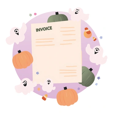 A digital flat illustration featuring an invoice document prominently displayed in the center. The invoice has a clean, simple layout with placeholders for billing information. Surrounding the invoice are playful illustrations of "pumpkins" in vibrant orange and green, each with different expressions. There are also several "ghosts" in white with exaggerated features, floating around the invoice. The background is a mix of soft pastel colors, adding a whimsical touch to the overall composition. The invoice itself is adorned with small, colorful stars and candy corn scattered around the edges.