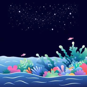 A vibrant bioluminescent coral reef is visible in the foreground, illuminated with various shades of blue, green, and purple. The coral structures are intricate and diverse, with some resembling delicate flowers and others shaped like fan-like formations. Tiny glowing fish dart among the corals, their scales reflecting the ethereal light. Above the reef, a clear night sky is filled with countless stars, twinkling brightly against the deep blackness. The Milky Way stretches across the sky, adding a cosmic depth to the scene. The ocean surface ripples gently, reflecting the starlight and creating a sense of tranquility.