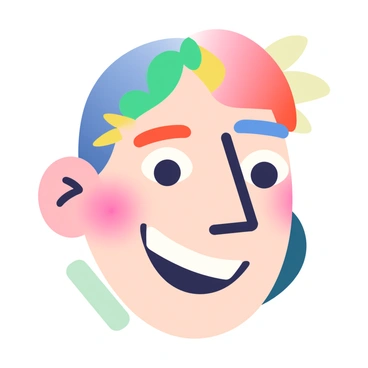A face is depicted with fragmented and rearranged features. The left eye is positioned near the right cheek, while the right eyebrow is situated above the left ear. The nose is elongated and angled, situated below a colorful, asymmetrical forehead. The mouth is a mixture of shapes, with a bold line creating an abstract smile. The background consists of various geometric shapes in contrasting colors, enhancing the disjointed appearance of the face. Each feature has a unique color palette, giving the face a vibrant yet chaotic look.