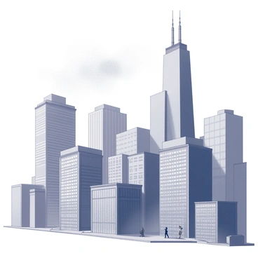 A cityscape dominated by towering buildings of varying heights and sleek, angular designs. The structures are constructed of a smooth gray material, reflecting the lack of light in a heavily urbanized environment. The skyline is dense, with rows of windows lining the facades, creating a repetitive pattern. Above, the air is filled with wisps of smog that obscure the sky, contributing to a muted backdrop. The ground is paved with concrete, and a few figures in modern attire can be seen walking along the streets, their outlines softened by the haze. The overall scene conveys a sense of scale and verticality, with the buildings starkly contrasting against the foggy atmosphere.